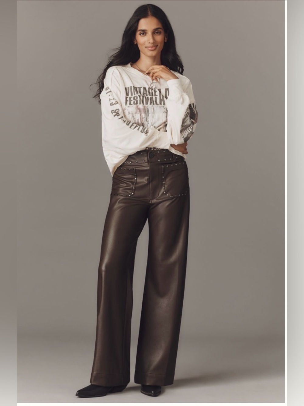 Anthropologie Colette Full-Length Faux Leather Studded brown pants 31 western - Picture 11 of 11